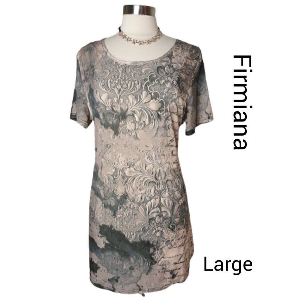 Women's Tunic Short Sleeve Sculptured Art Text Print Nature Tone Top L NWOT